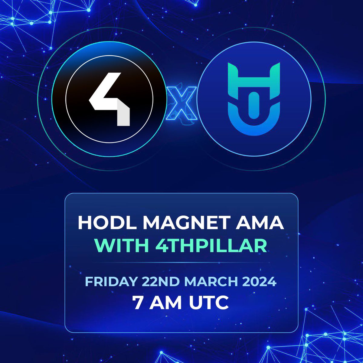 HODLMagnet (@hodlmagnet) on Twitter photo โญ๏ธ๐๏ธJoin us for HODLMagnet x 4th Pillar Technology <a href="/4pfour/">4P Super dApp โ๏ธ ๐ฌ</a> AMA! Learn about $FOURโs ecosystem and to find out the latest news.
Donโt miss out on the chance to win $100 USD in FOUR tokens for the best question during the Q&A session!
Mark your calendars:
๐
March 22, 2024
โฐ โญ๏ธ๐๏ธJoin us for HODLMagnet x 4th Pillar Technology <a href="/4pfour/">4P Super dApp โ๏ธ ๐ฌ</a> AMA! Learn about $FOURโs ecosystem and to find out the latest news.
Donโt miss out on the chance to win $100 USD in FOUR tokens for the best question during the Q&A session!
Mark your calendars:
๐
March 22, 2024
โฐ
