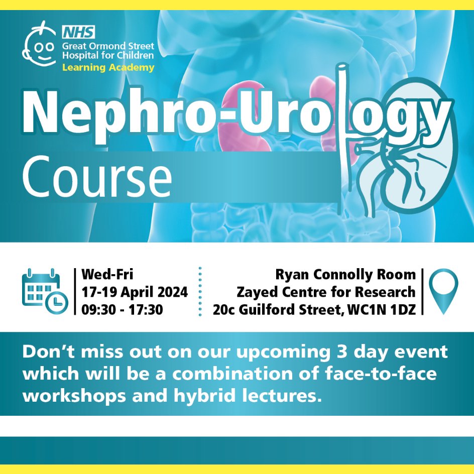 Take part in our popular 3-day Nephro-Urology course that is running again in spring. Taking place on 17-19 April, this hybrid course aims to increase your knowledge and understanding of paediatric nephrology using a range of lectures and workshops. courses.gosh.org/event/Nephro_U…