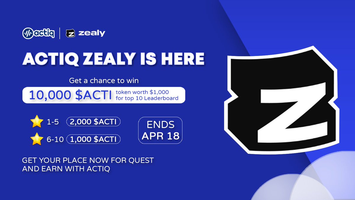 🚀 Actiq Zealy has arrived! 💰 Join the quest and win big: 🥇 Top 5: 2,000 $ACTI each 🥈 6th-10th: 1,000 $ACTI each 🏆 Grand prize: 10,000 $ACTI worth $1,000! 🌟 Don't miss out - ends April 18th! Secure your spot at #Zealy campaign now: zealy.io/cw/actiq