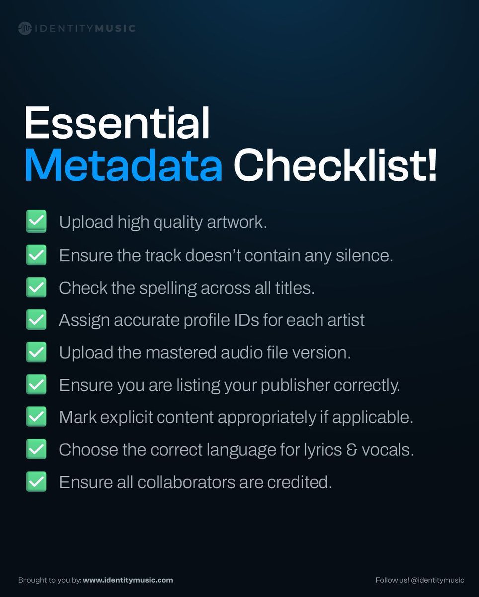 Identity_Music_'s tweet photo. Don't forget these Essential metadata checks! We know, we know, you got these cover but a having a reminder is always good π«°
#metadata #releasecheck #musicrelease #musicpromotion #musicpitching #pitching #albumartwork #music #musicindustry https://t.co/D4ZavtdTDA