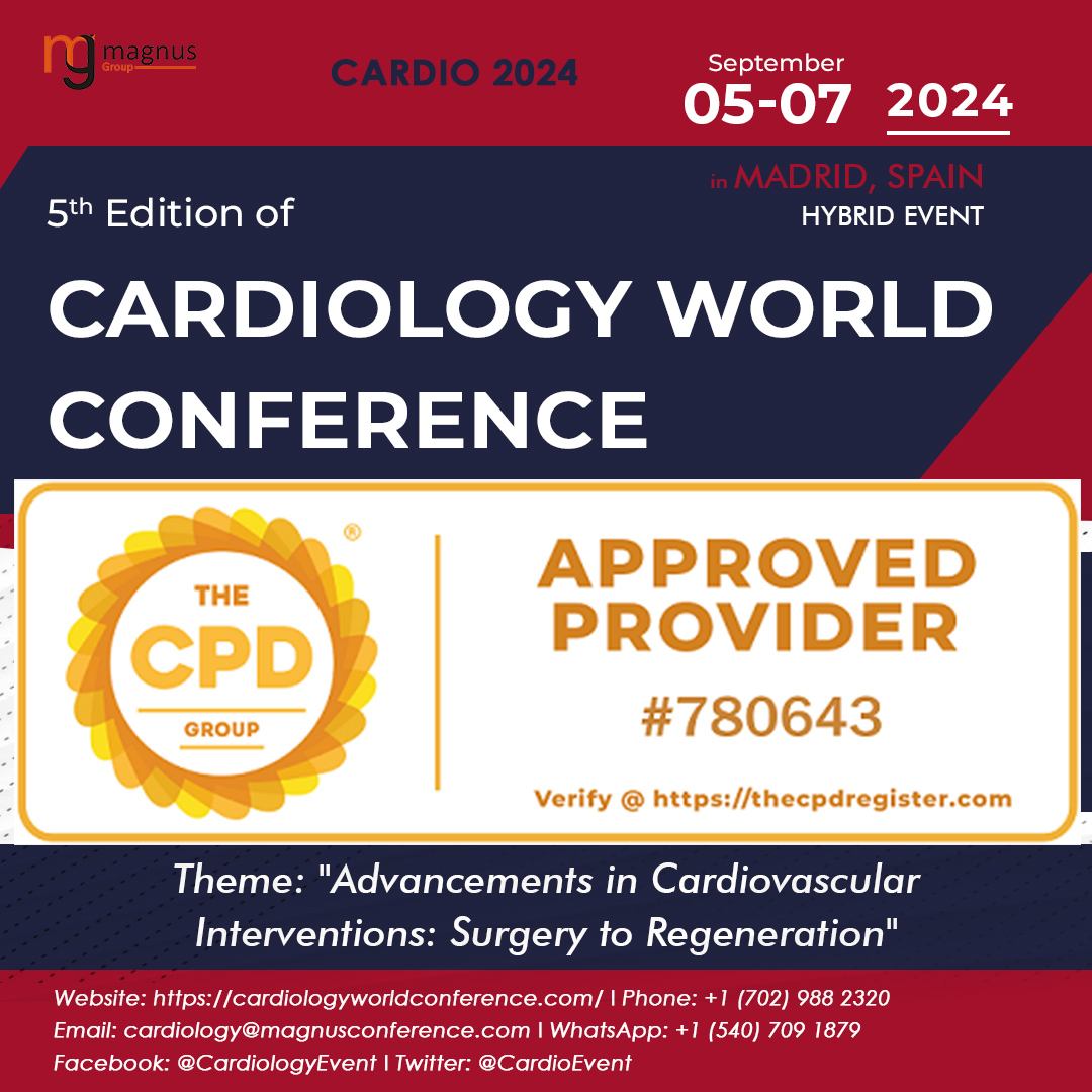 Enhance your skills at our upcoming Cardiology World Conference, organized by @magnus_group, now CPD accredited by The CPD Group. Reserve your spot now: cardiologyworldconference.com/register Dates: September 05-07, 2024 Venue: Madrid, Spain Whatsaap: +1(540) 709 1879 #Cardiologyevent2024