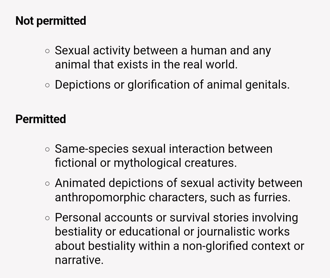Fuck off P@tre0n. Just fuck off What if a work depicts human x anthro furry? What if the animal genitals are obsucred by something in the image? It's so vague that they definitely going to abuse it. Just fuck off