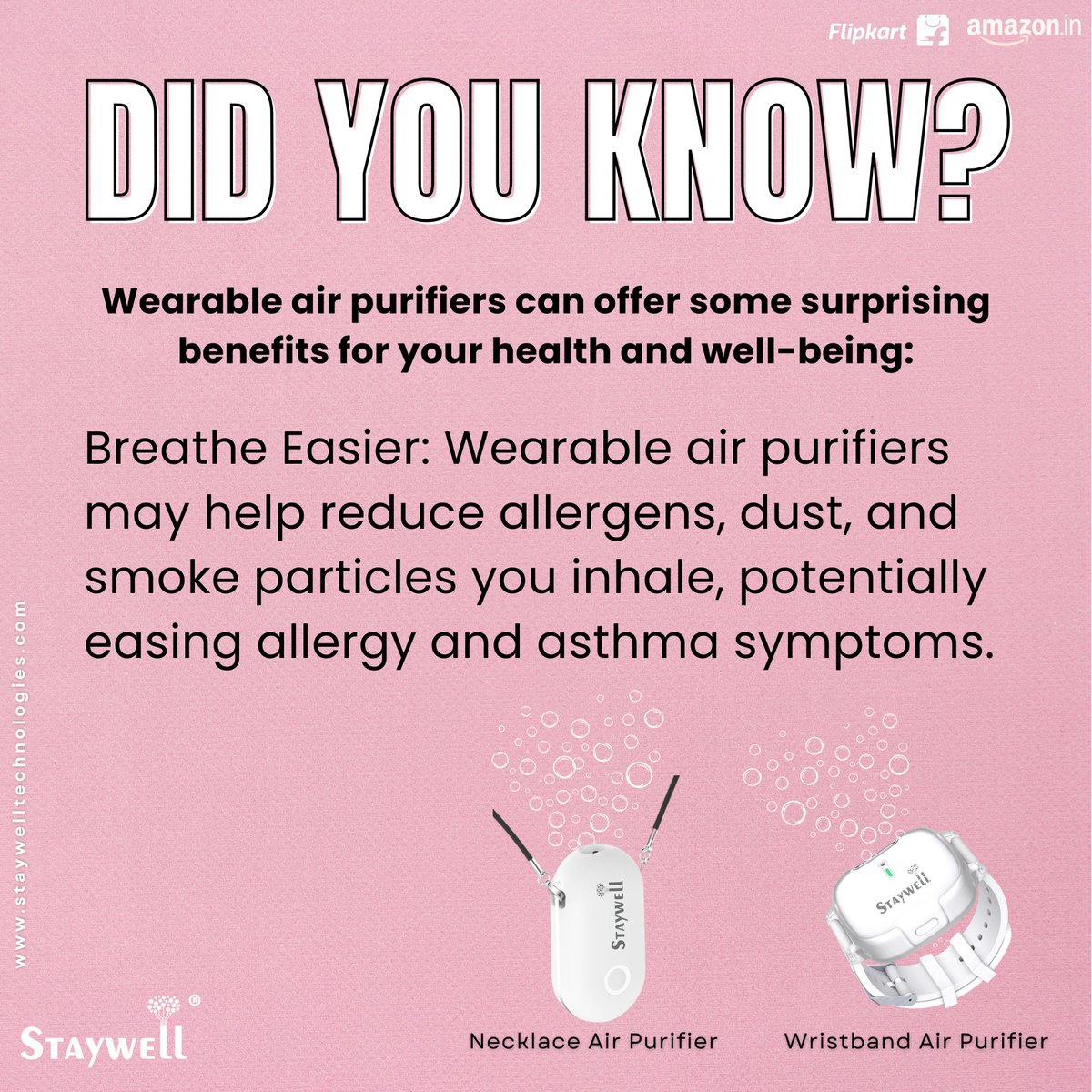 DID YOU KNOW?
Wearable air purifiers can offer some surprising benefits for your health and well-being.
#AirPollution #AirPurifier #AirYouCanWear #Staywell #StaywellTechnologies 
Find the Necklace Air Purifier on Flipkart 📿🍃: [Link](bit.ly/Flipkart-Neckl…)

Discover the