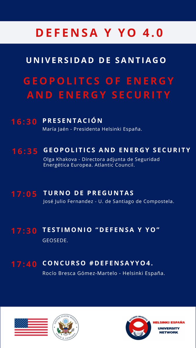 Iniciamos la WEEK 2 de #DefensayYo4 en la @UniversidadeUSC con @OlgaKhakova, experta en seguridad energética y geopolítica. Esta iniciativa viene de la mano de @USembassyMadrid, @USConsulateBCN y es implementada por @helsinkiespana.