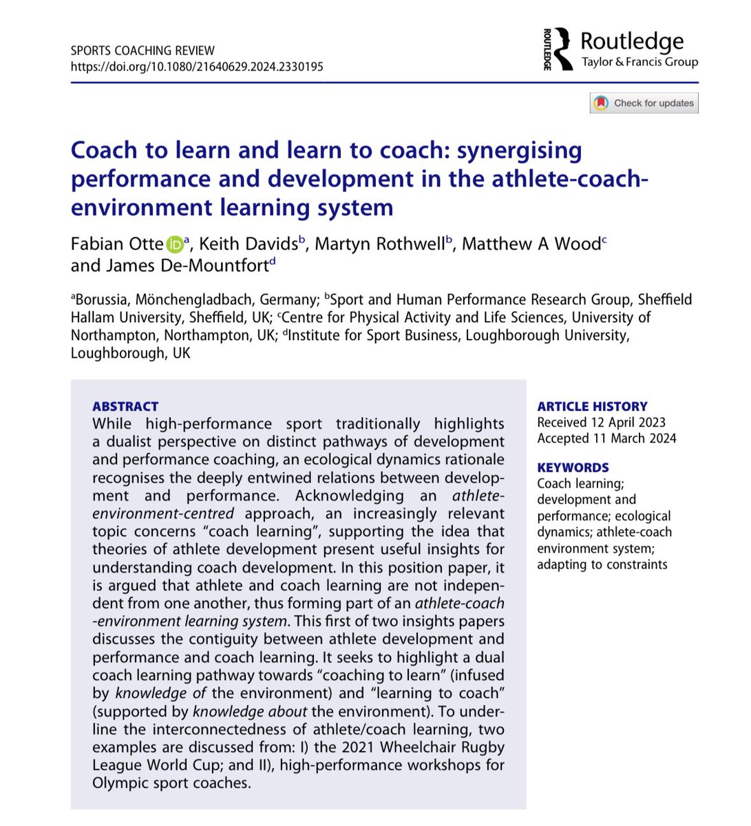 New Paper 📄❗️ Do we coach to learn or learn to coach? And how are development AND performance always connected? Usual 50 free copies here 😊 @CoachWood1 tandfonline.com/eprint/E78UZJZ…