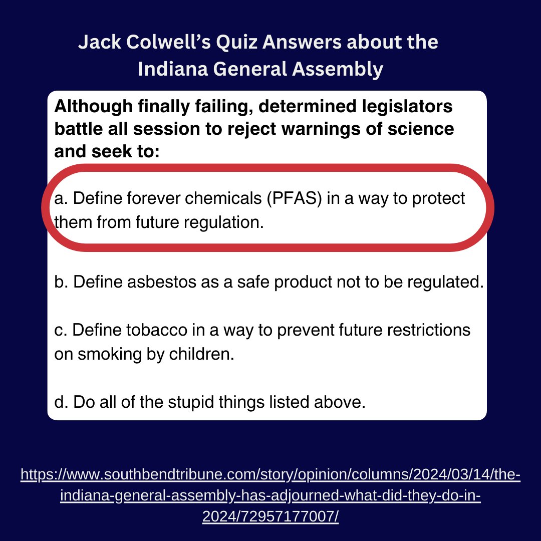 HeidiforIndiana's tweet photo. Day 4 Quiz: IN is #1 for dirty waterways and #2 for dirty air. Extreme GOP said to themselves: "Let's make our environment even more toxic by being the first state to CHANGE the definition of forever chemicals." Is it too much to ask for a healthy environment in Indiana? #ItsThe$ https://t.co/ailmWtAIav