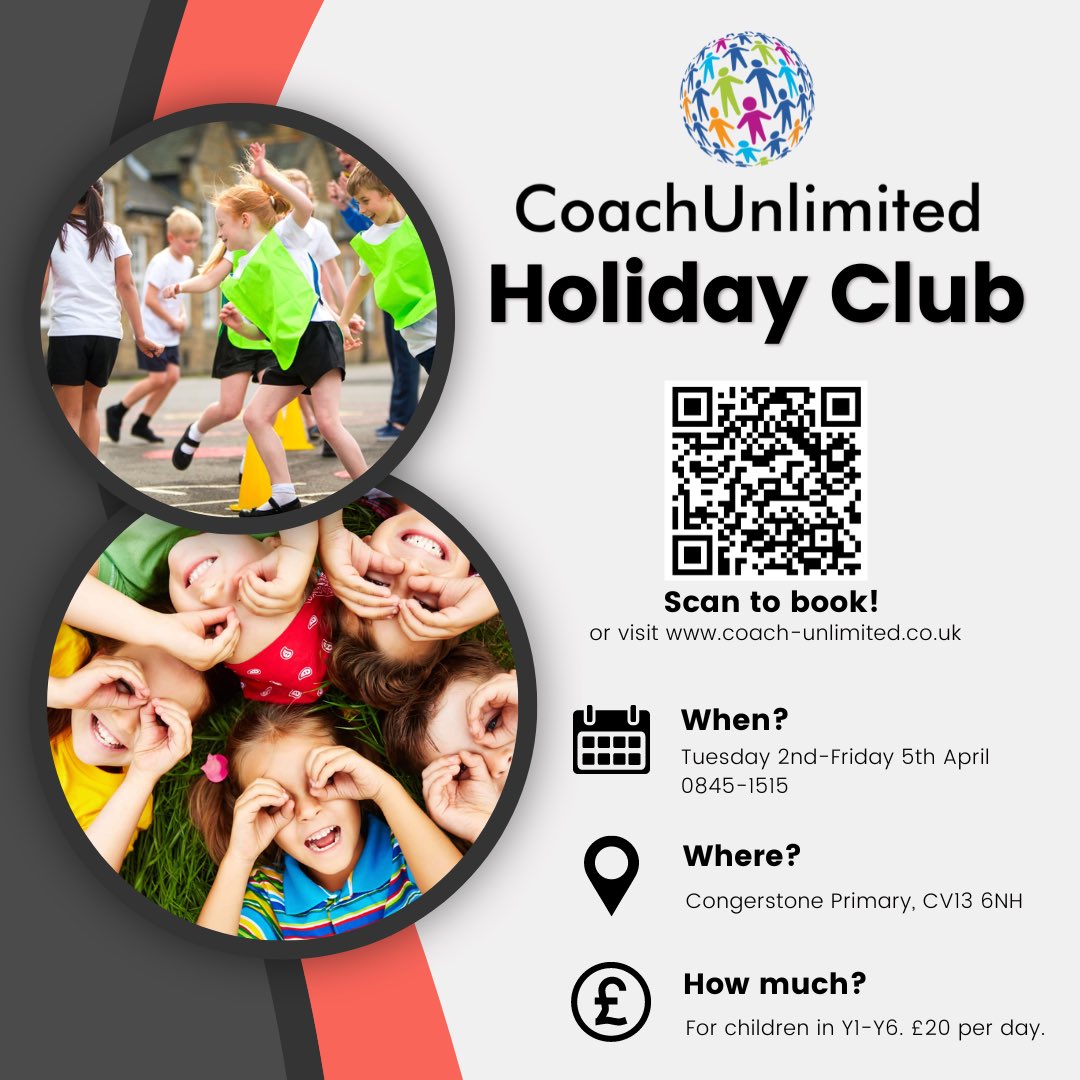 ‼️COACH UNLIMITED HOLIDAY CLUB‼️ 
 
🛜 coach-unlimited.co.uk/registration-f…  to book⚽️🤸🏼‍♀️

🤝 All welcome! 

📧 clubs@coach-unlimited.co.uk 

#holidayclub #easterholidays #childcare #activityclub #primaryschool #thingstodoinhalfterm #allwelcome