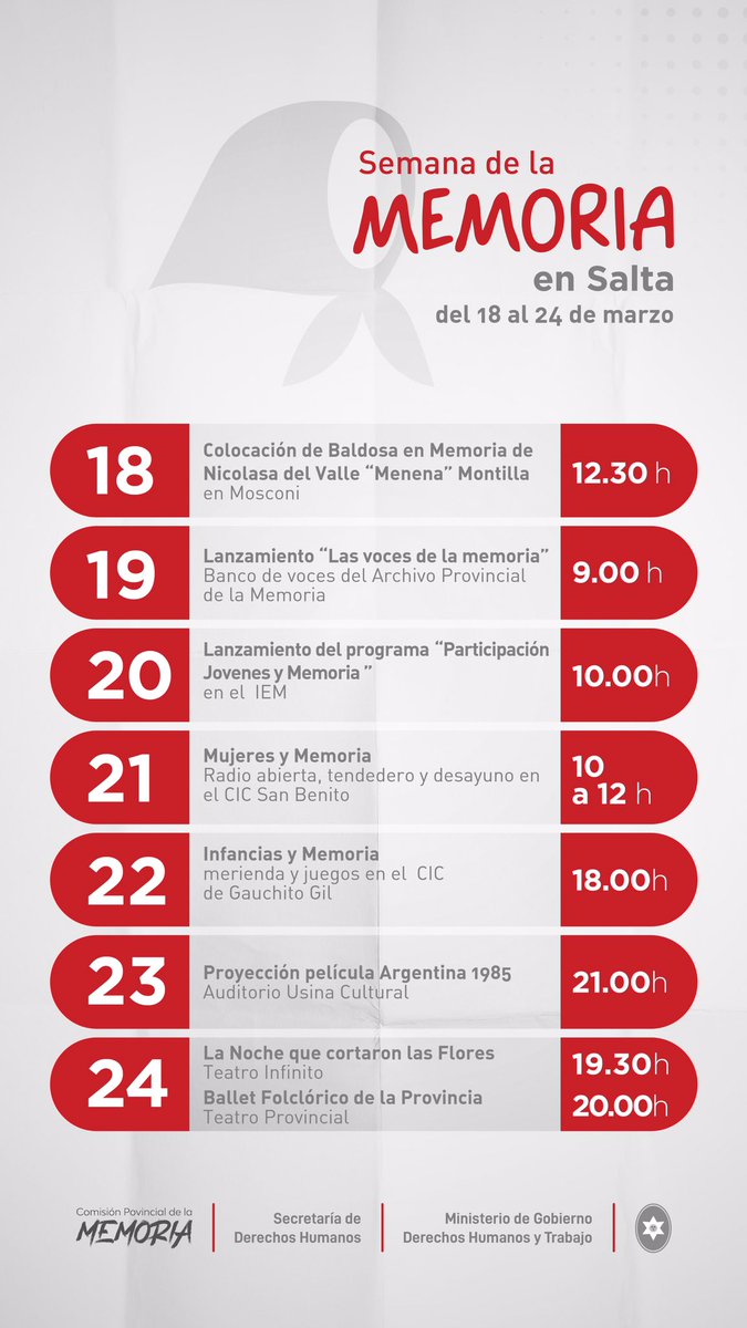 📌 ACTIVIDADES POR LA SEMANA DE LA MEMORIA EN SALTA 

🙌 El cronograma incluye acciones en redes sociales, en el municipio de General Mosconi, en los barrios San Benito y Gauchito Gil; también en la Usina Cultural, escuelas y teatros