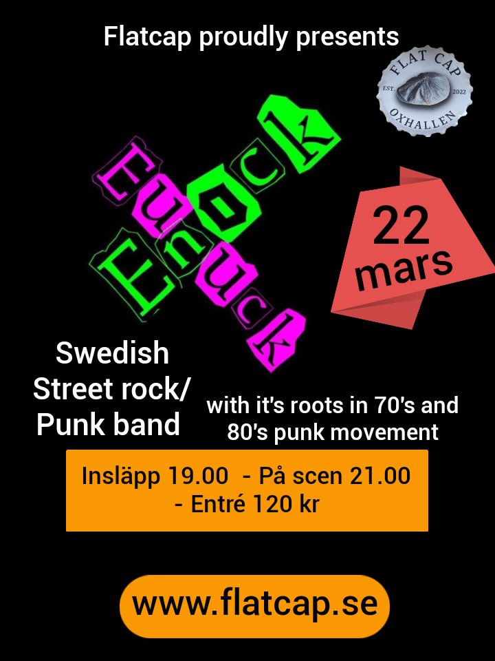 Rockbaten's tweet image. 22 mars blir det Street rock/ Punk rock med unika Enock Eunuck #enockeunuck på #Flatcap #bredgatan25 #Helsingborg 
#streetrock #punk #livemusic #craftbeer #craftpub