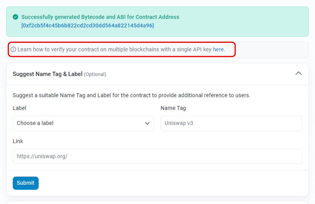 The best part? ✨ Verify your contract on multiple chains with a single API  key from Etherscan, instead of creating a new API key on each explorer ✨  Check out the docs: