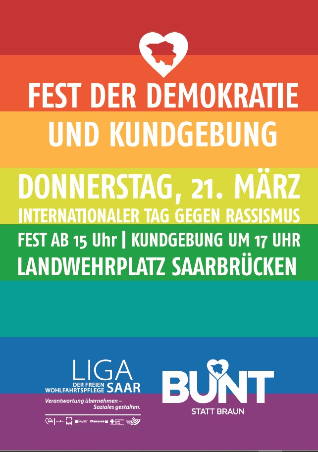 Paritaet_RPS's tweet photo. Auch in Saarbrücken feiern wir am Donnerstag, 21. März, den Internationalen Tag gegen Rassismus!🎉

📅Wann? Ab 15 Uhr   
 📍Wo? Landwehrplatz in Saarbrücken   

Seid dabei und zeigt eure Unterstützung für eine offene und gerechte Gesellschaft!🌍

#AgainstRacism https://t.co/71NJ9ofMzo