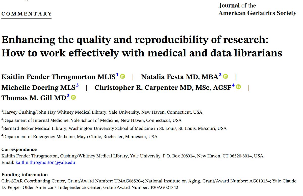 Important @ClinSTARCC contribution in March 2024 issue of @AGSJournal: “To enhance the quality and reproducibility of aging research, clinician-investigators should consider collaborating with librarians.” agsjournals.onlinelibrary.wiley.com/doi/full/10.11…