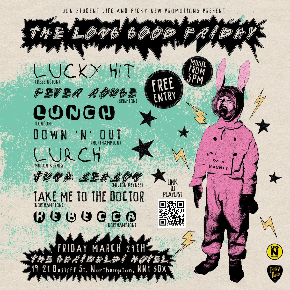 THE LONG GOOD FRIDAY ALL-DAYER! Eight bands, eight hours of pop punk, post punk, and grunge. At the @gbhnorthampton on Fri Mar 29, music starting at 3 pm. 18+ only. Featuring @luckyhituk , Fever Rouge, Lunch, Down 'n' Out, Lurch, Junk Season, Take Me To the Doctor, and REBECCA.