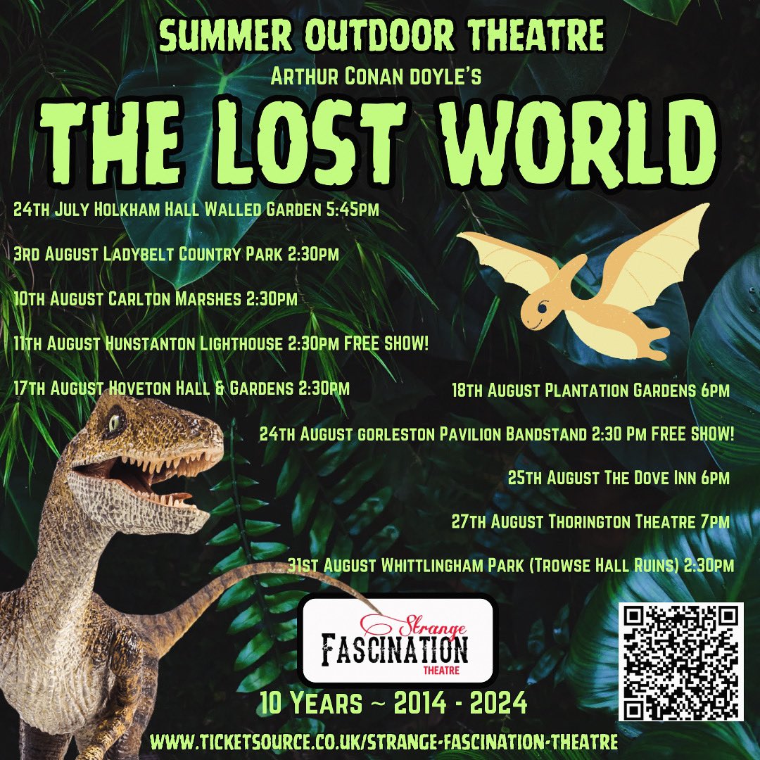 Our tour is LIVE! We are proud to present ‘The Lost World’ by Arthur Conan Doyle ~ join us this summer for a fun family adventure in the open air. To book go to : ticketsource.co.uk/strange-fascin… #theatre #norfolk #suffolk #openairtheatre #SummerVibes 🦖🥳🦖🎭