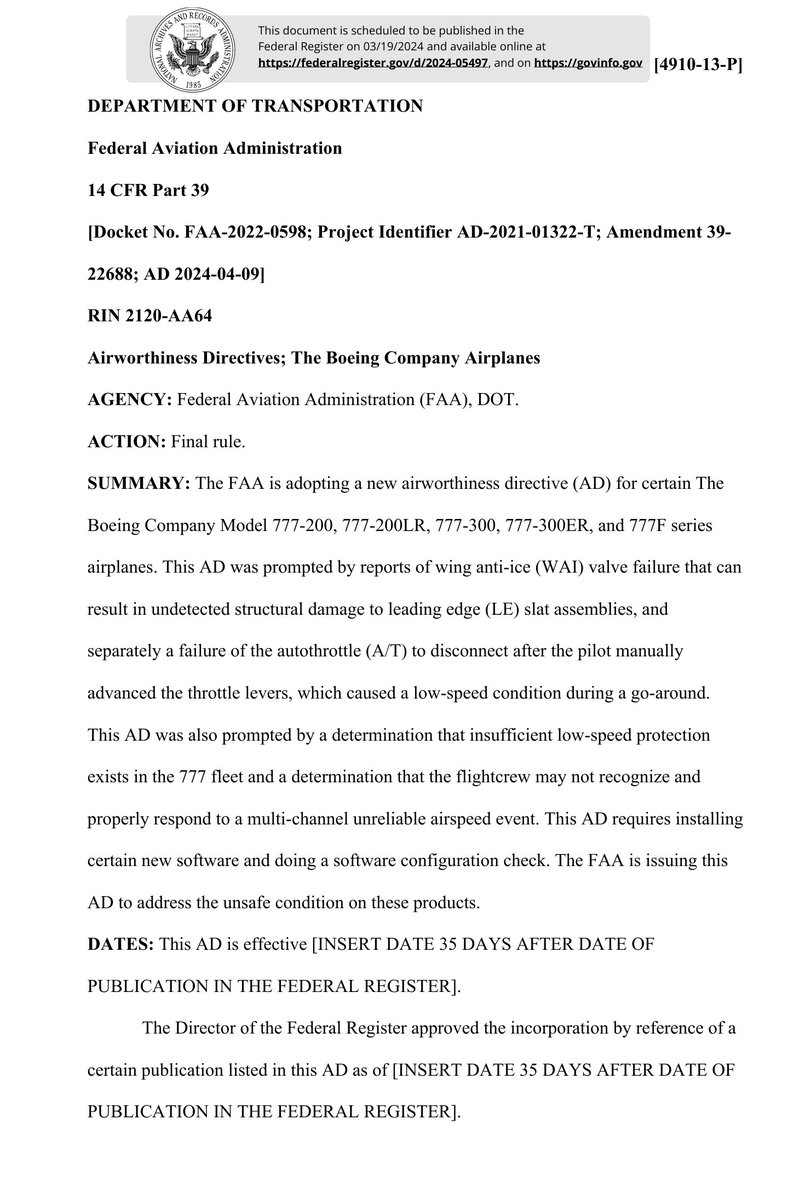 The FAA is adopting a new airworthiness directive (AD) for certain The Boeing Company Model 777-200, 777-200LR, 777-300, 777-300ER, and 777F series airplanes. public-inspection.federalregister.gov/2024-05497.pdf