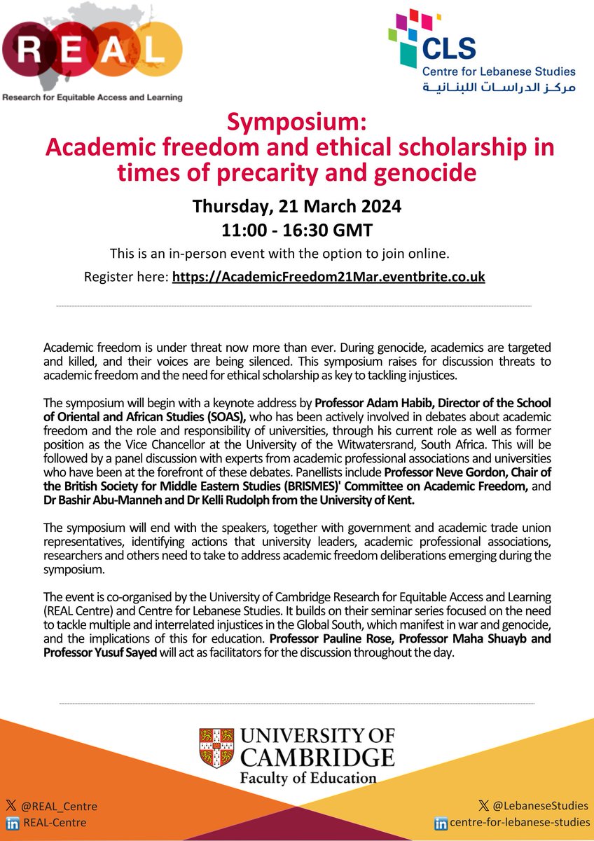 Still time to sign up! Academic freedom & ethical scholarship in times of precarity & genocide Join us on 21 March With @AdHabb @SOAS @nevegordon @OfficialBrismes @BashirAbuManneh @CambridgeUCU @Doylech @hilarycremin @MahaShuayb @PaulineMRose AcademicFreedom21Mar.eventbrite.co.uk