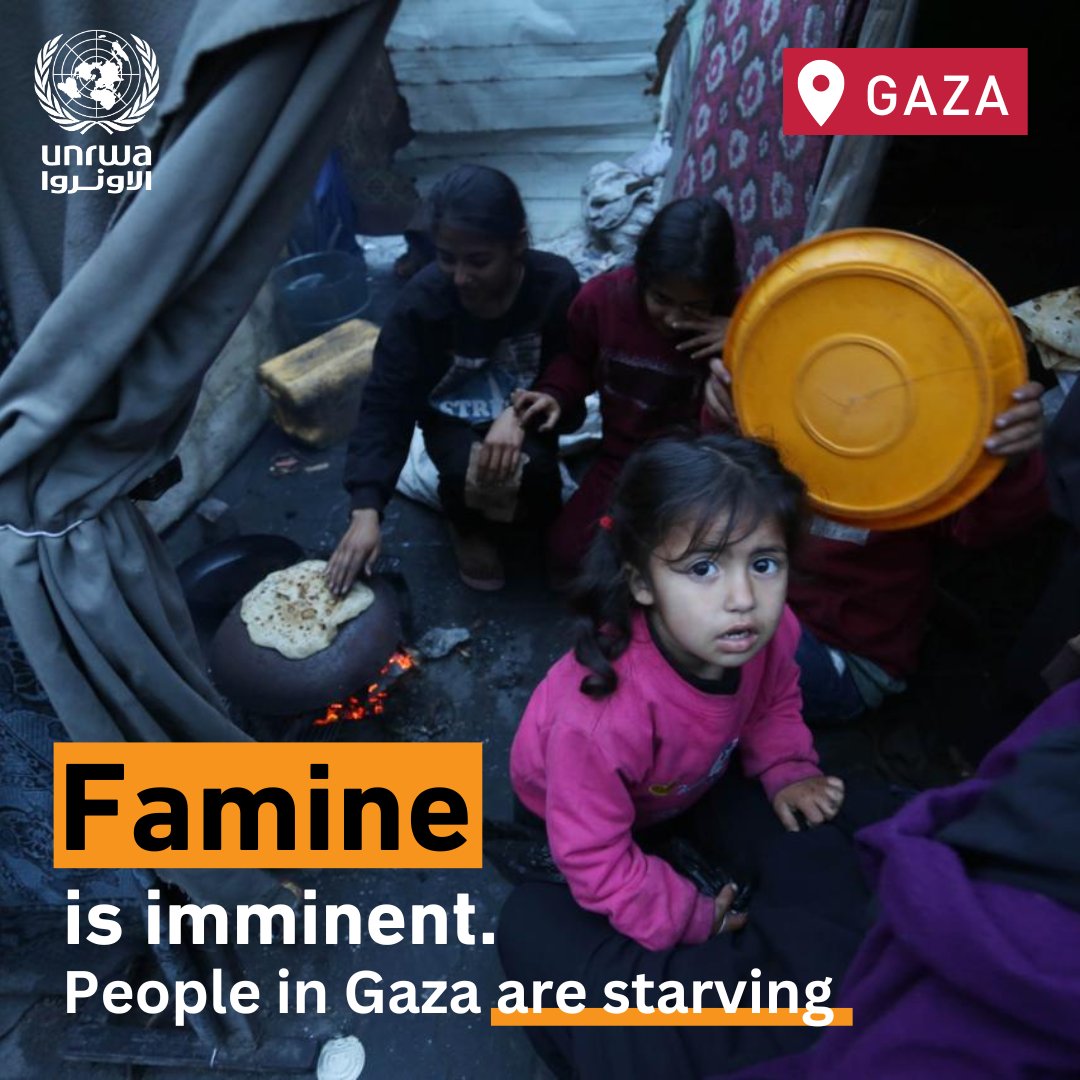 People in #Gaza are starving.

🛑 Over 2.1 million people across the #GazaStrip face crisis levels of food insecurity or worse.
🛑 Half the population is struggling with catastrophic hunger.
🛑 Children are dying of dehydration &amp; malnutrition.

Famine is imminent. #CeasefireNOW