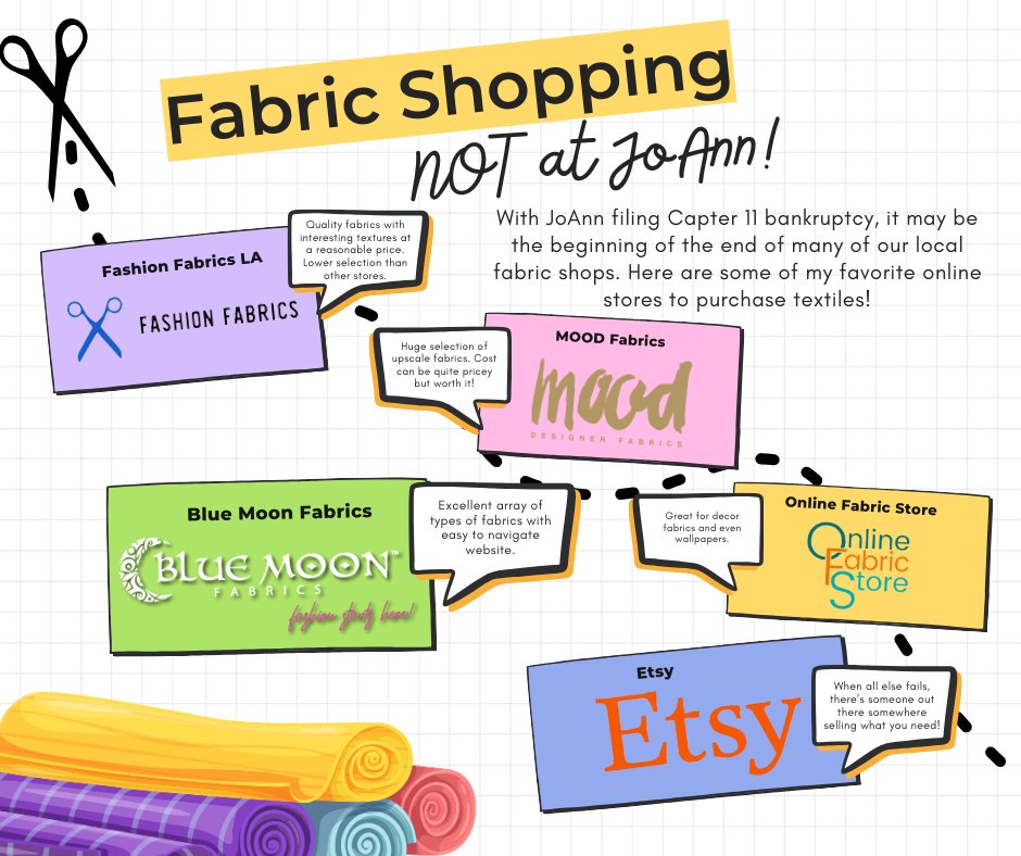 So JoAnn filed Chapter 11 bankruptcy. Here are some of my top favorite online fabric shopping choices! Got other favorites? I'd love to hear them! #joannfabrics #fabricshopping