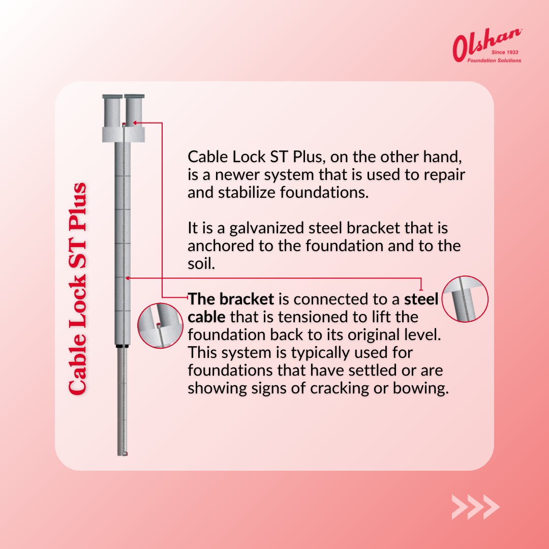 Dive into the world of foundation repair with our informative carousel! Olshan Foundation offers two stellar options: Cable Lock ST Plus and Helical Piers. Wondering which to choose for your home's stability? Swipe through to discover the unique benefits each system offers.