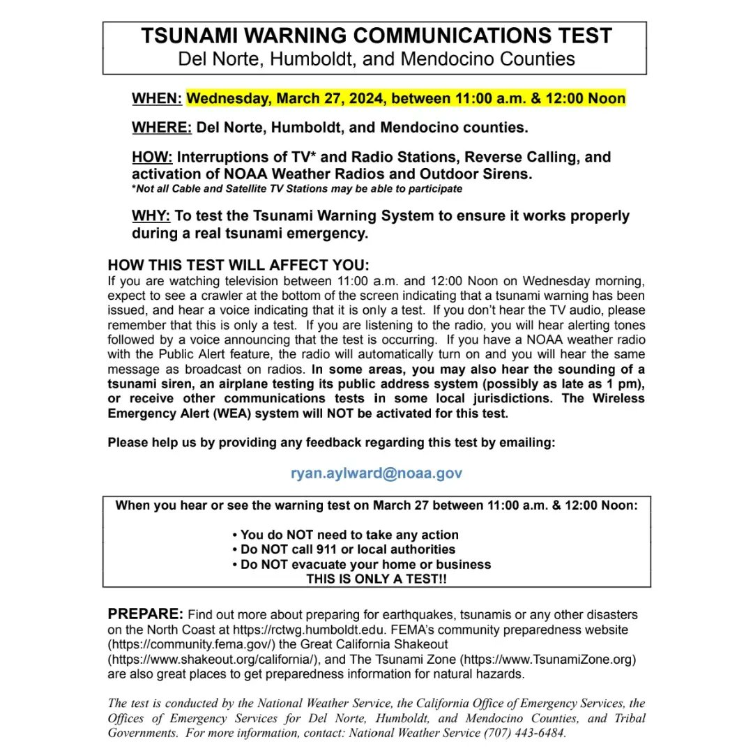 Heads up Del Norte, Humboldt and Mendocino counties.

March 27th is the annual Tsunami Warning ⚠️ Communications EAS TEST between 11am and 12pm.

#tsunamiwarning #humboldtcounty #DelNorteCounty #mendocinocounty