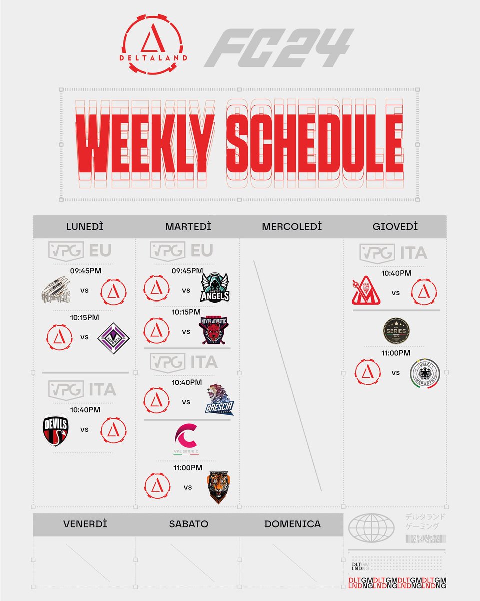 DELTALANDGaming's tweet photo. EAFC24
โฝ๏ธ๐ฎ๐น๐ฅ
Il calendario della nostra settimana!
Seguiteci https://t.co/see9Hw2A0F
#EAFC24 #DELTALANDgaming #deltaland #foot #virtualplayer #esports https://t.co/24a7LT58GY
