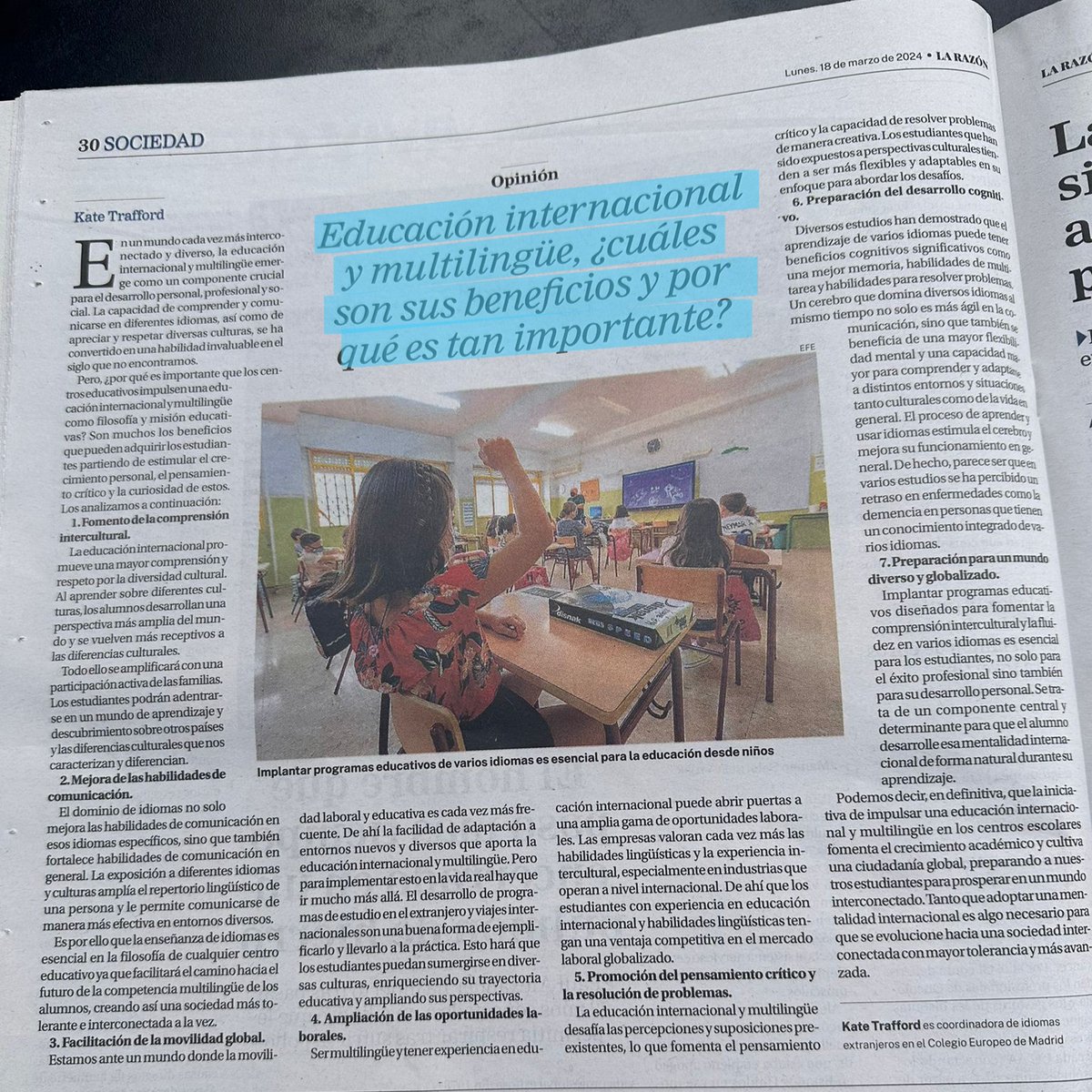 🗣️💡Nuestra coordinadora de idiomas extranjero, Kate Trafford, nos explica en el diario <a href="/larazon_es/">La Razón</a> los motivos por los que convertir la #educacióninternacional y #multilingüe en principal misión educativa.