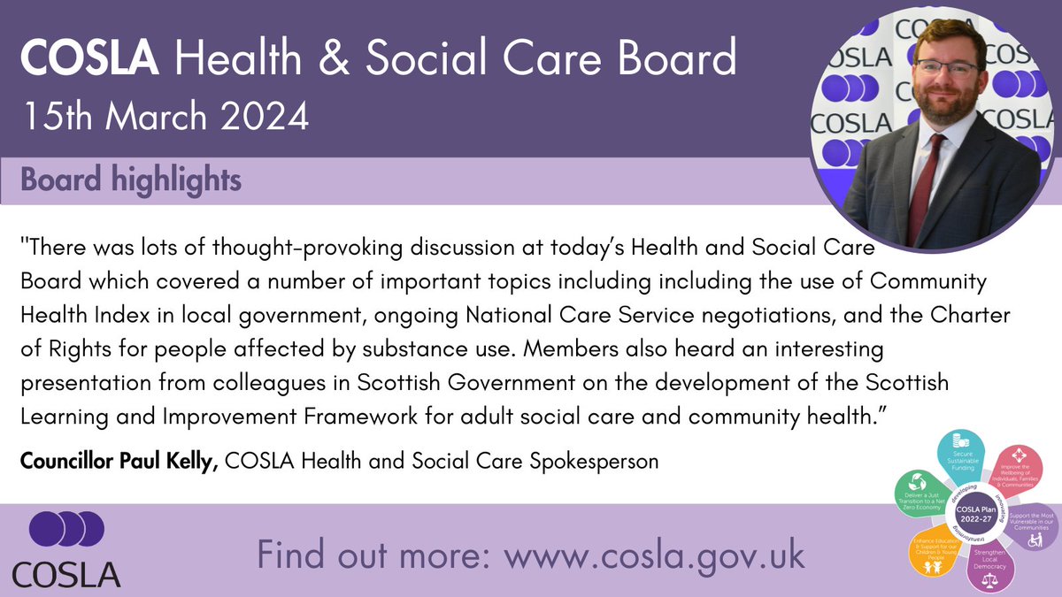 Members of COSLA's Health and Social Care Board (chaired by @cllrpaulkelly) met last week. The full agenda can be read here: bit.ly/3PlFvNG Find out more from Councillor Kelly below ⬇️