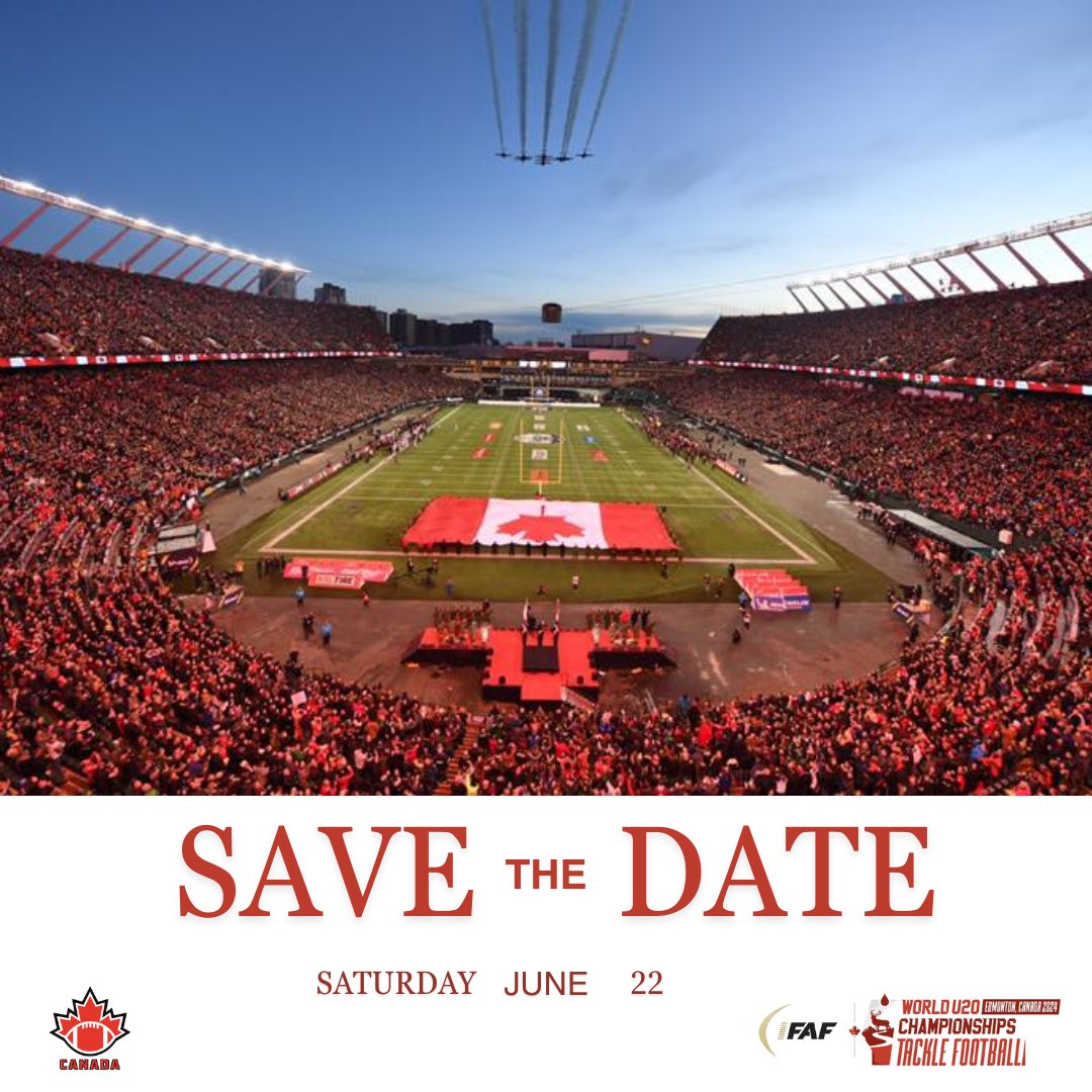 Save the date! Team Canada 1 and 2 welcomes the world to Edmonton for the World U20 Tackle Football Championships, and you’re invited! Head to our website and purchase your Team Canada Pass for $49.95 + fees, and ensure you don’t miss a single snap