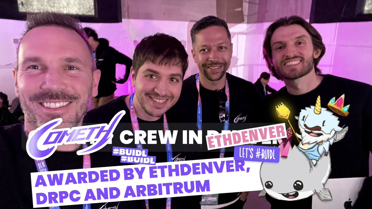 The <a href="/Cometh/">Cometh</a> <a href="/EthereumDenver/">ETHDenver 🏔🦬🦄</a> Hackathon report is out 🗞️
We got:
🥇 Best Infrastructure &amp; Scalability project (Main Track)
🥇 Best Stylus Project (<a href="/arbitrum/">Arbitrum</a> ) 
🥇 Best Use of Arbitrum Library (<a href="/arbitrum/">Arbitrum</a> ) 
🥇 Most useful blockchain data index (@drpcorg )

All the details ⤵️