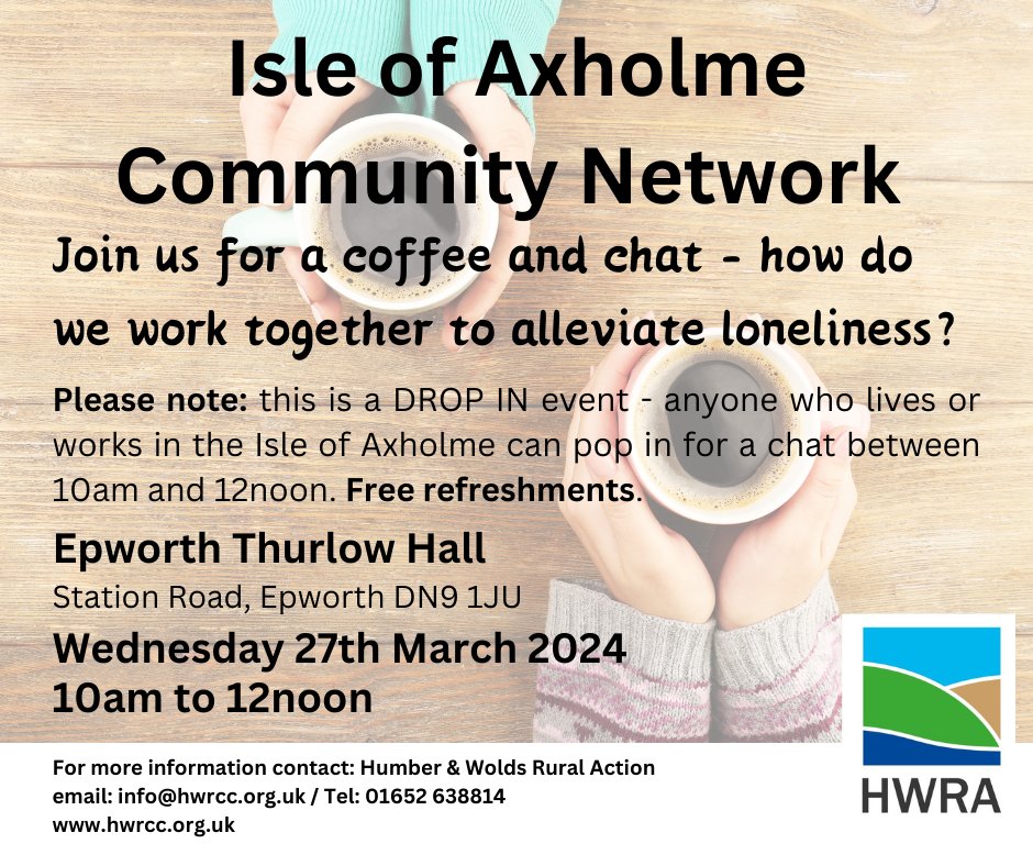 Citizens Advice North Lincolnshire (@citadvicenl) on Twitter photo Isle of Axholme Community Network Drop in <a href="/woldsrcc/">Humber and Wolds Rural Action</a>!
Visit for a coffee and a chat on 27 March between 10am and 12pm. Isle of Axholme Community Network Drop in <a href="/woldsrcc/">Humber and Wolds Rural Action</a>!
Visit for a coffee and a chat on 27 March between 10am and 12pm.