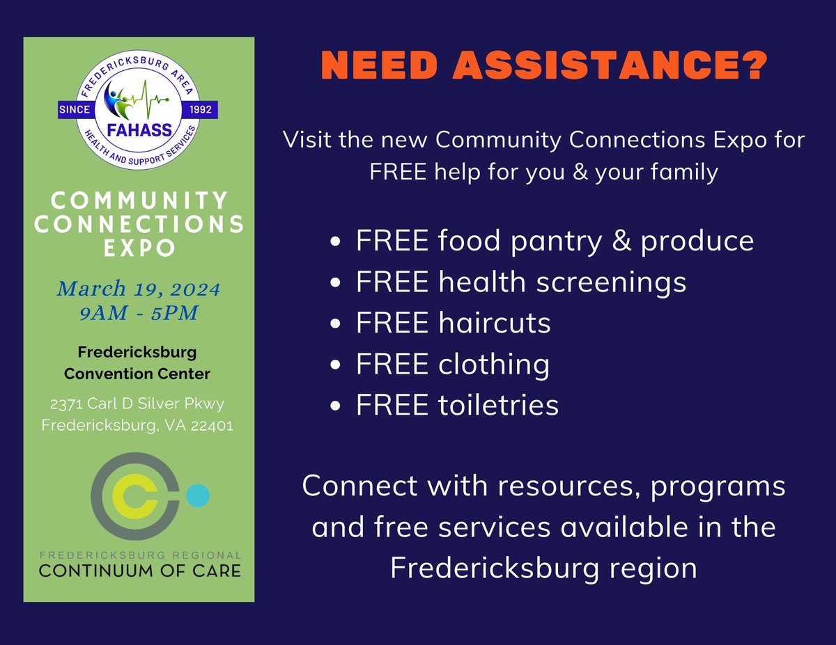 FredRegionCoC's tweet photo. Join us TOMORROW 3/19/24 for the Community Connections Expo! From 9AM - 5PM at the Fredericksburg Convention Center. https://t.co/7ns55OBEqW