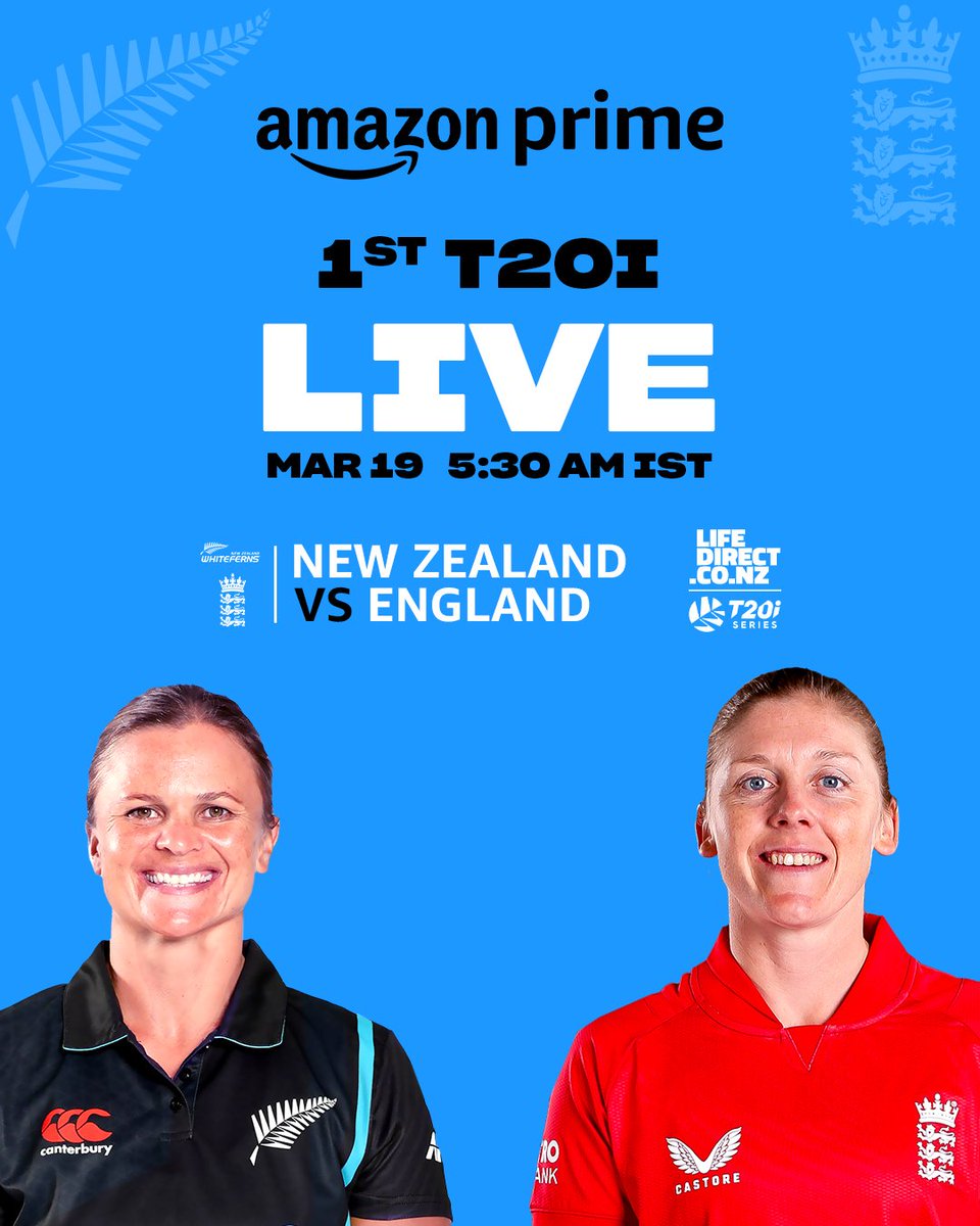 witness the clash unfold as these fierce women take over the field! 🏏

Watch #NZWvsENGW 1st T20I Mar 19 at 5:30 AM, LIVE and exclusive only on Prime Video!

#CricketOnPrime