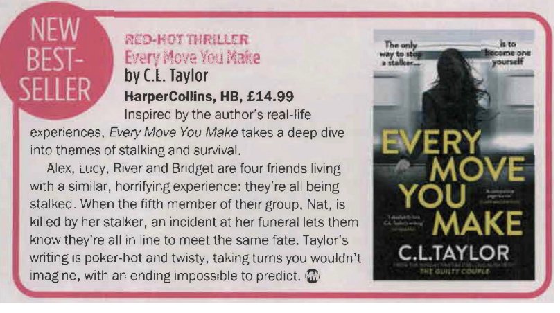 Huge thanks to @MyWeeklyFiction for publishing my short story, Suspicious Mind, an interview, and a review of Every Move You Make: ‘Taylor’s writing is poker-hot and twisty, taking turns you wouldn’t imagine, with an ending impossible to predict.’ My Weekly is out now!