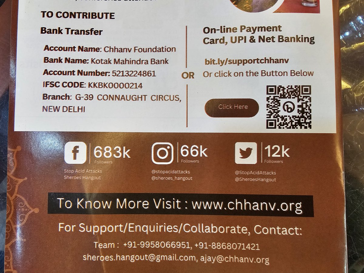Websajt:
chhanv.org

Insta:
@ StopAcidAttacks
@ sheroes_hangout

Donacije:
bit.ly/supportchhanv
