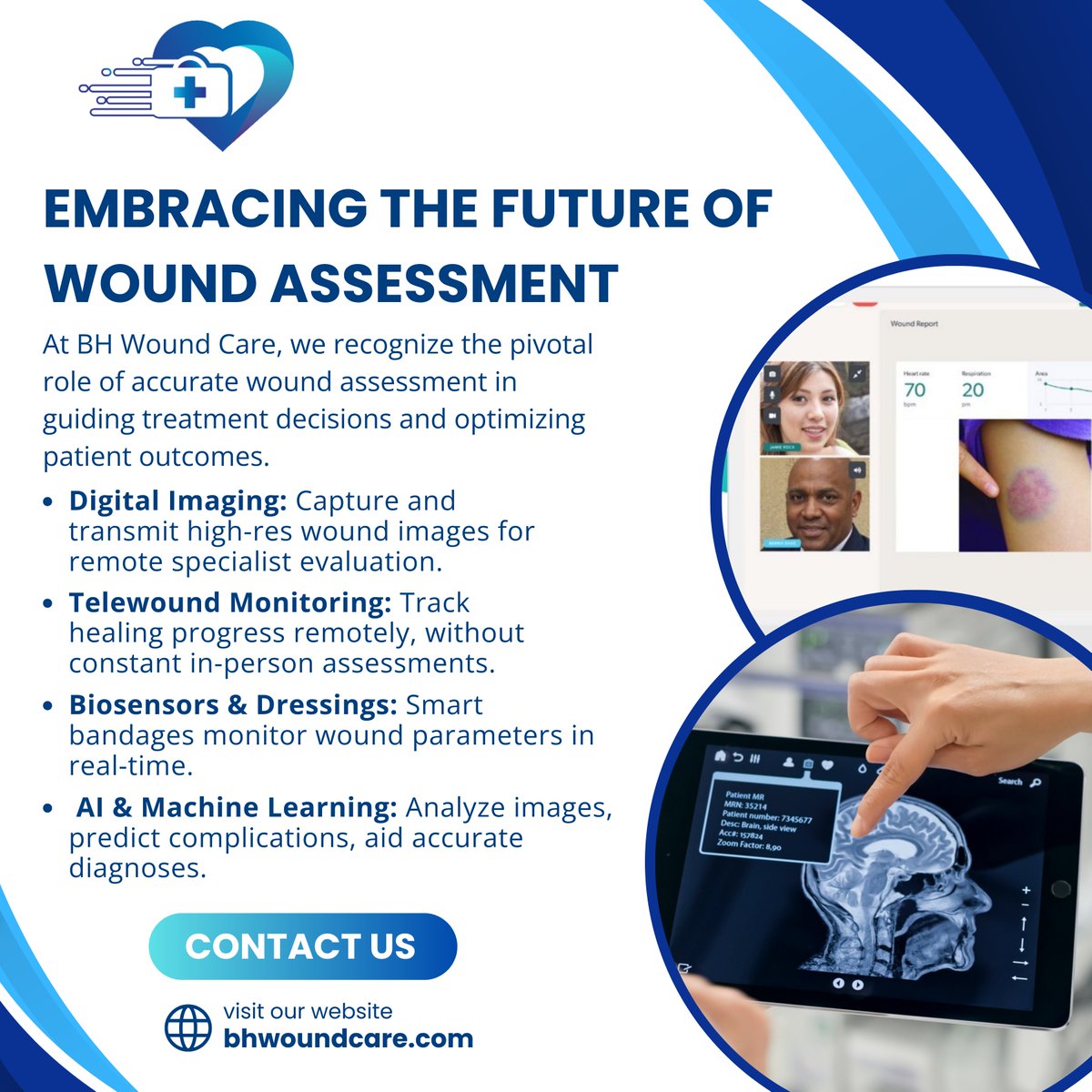 Embrace the future of wound assessment at BH Wound Care! With digital imaging, telewound monitoring, biosensors, and AI, we revolutionize care for enhanced outcomes. Join us as we reshape wound management with cutting-edge technologies. Contact BHWC today!

#WoundAssessment #BHWC