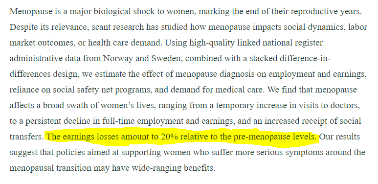 Really good to see this new & thorough research on the 'menopause penalty' from @TheIFS. 20% earnings loss = big finding. Amazingly thin economic literature on such a big and important topic....