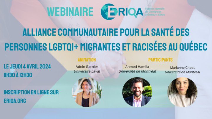Ce 4 avril, de 11h30 à 12h30, se tiendra le webinaire « Alliance communautaire pour la santé des personnes LGBTQI+ migrantes et racisées au Québec ». Les panélistes sont <a href="/a_hamila/">Ahmed Hamila</a> ainsi que <a href="/ChbatMarianne/">Marianne Chbat</a>. Le webinaire sera animé par <a href="/GarnierAdele/">Adele Garnier</a>. 

🔗: concordia-ca.zoom.us/webinar/regist…