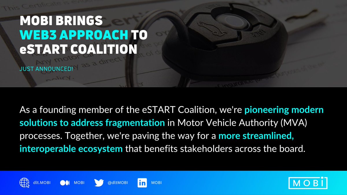 MOBI is proud to announce our partnership with the eSTART Coalition, where we're joining forces to modernize automotive title &amp; registration processes. 💡

➡️ Read the full announcement: bit.ly/estart/