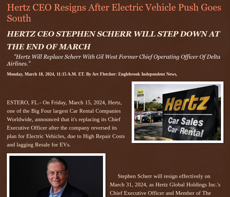 ArtFletcher9's tweet photo. Monday, March 18, 2024
#Hertz #CEO #Resigns After @ElectricVehicle Push Goes South @HERTZ @CEO STEPHEN SCHERR WILL #STEP_DOWN AT THE END OF #MARCH #Finance #rentalcar @EV @wireless_step @HRG_Media @LodiNJNews @Breaking911 @Breaking24_7 @gator4kb18 @MichelleF_35 @TrumpWasRite @JoeBiden @USATRUMPMAN1 @Y6s8D8vmnCo394k @jebreel1990 @KathyKbrose @Heather46389844 @JimBobW49 @jimstemen @janninereid1 @Daytobehappy @juliepatriot67 @julie_dutto @climatechange