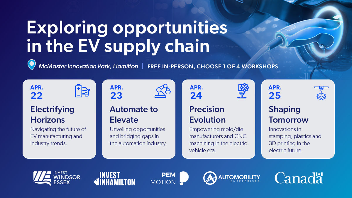 Join us! Choose from 1 of 4 events as we examine best practices for mfg various components in an #EV #drivetrain. Apr 22 - general audience Apr 23 - automation & integration Apr 24 - mold/die mfg & CNC machining Apr 25 - stamping, plastics & 3D printing 🔗eventbrite.ca/e/exploring-op…