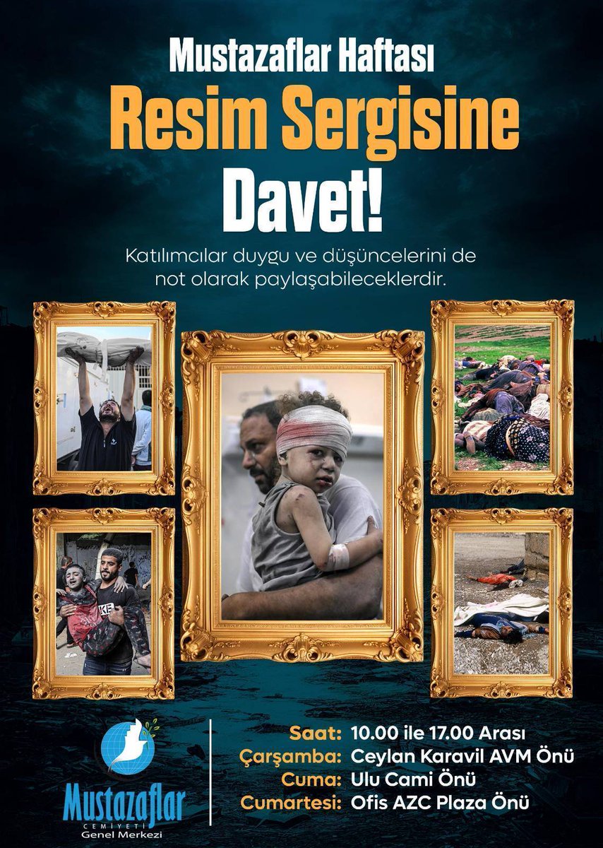 'Sakın, Allah’ı zâlimlerin yaptıklarından habersiz sanma! Onları cezalandırmayı, dehşetten gözlerin dışarı fırlayacağı bir güne ertelemektedir.' (İbrahim: 42)
Mustazaflar Haftası münasebetiyle  düzenlenecek resim sergisine tüm halkımız davetlidir.
#MustazaflarCemiyeti
#Diyarbakır