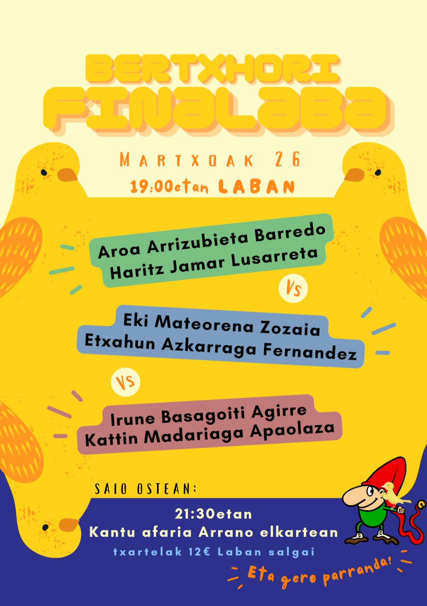 Hementxe dugu 2024ko finala! Zorionak sailkatu guztiei! Martxoaren 26an elkartuko gara berriro, Laban. Ondoren, kantu afaria Arranon. Sarrerak salgai Laban.
Gogoratu "Egunean bat" lehiaketa martxan dela eta irabazleak finalean sari bat jasoko duela. Zorte on guztiei!