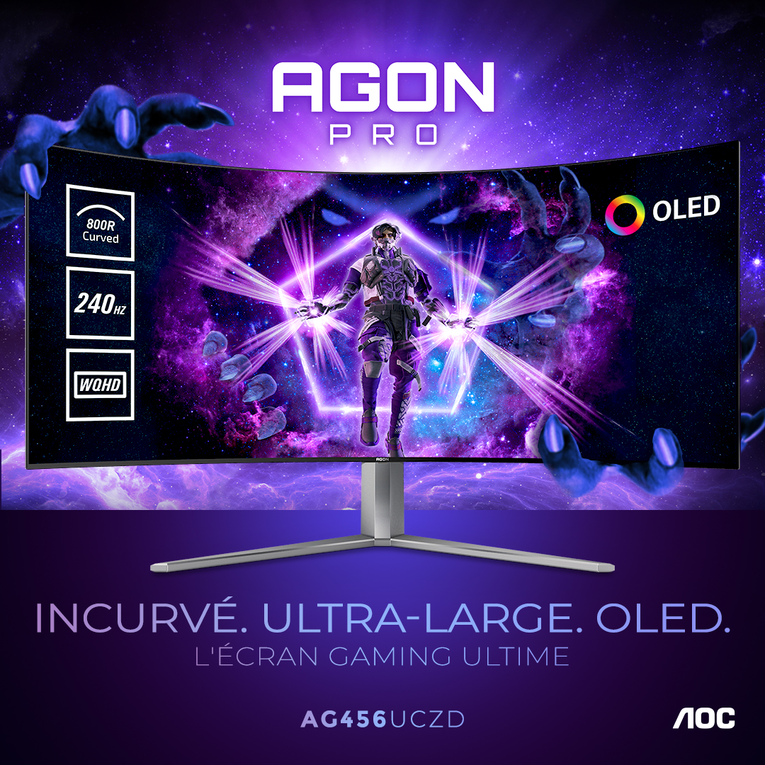 AGONbyAOCFR's tweet photo. Découvrez notre #AGONPRO AG456UCZD : de l’OLED en 45’’ ! 🔥
Faites de chacune de vos sessions de jeu une aventure incroyable avec notre tout nouvel écran au format WQHD, sa cadence de 240Hz ainsi que sa courbure étendue de 800R ↔️ https://t.co/GmGlsJGCim