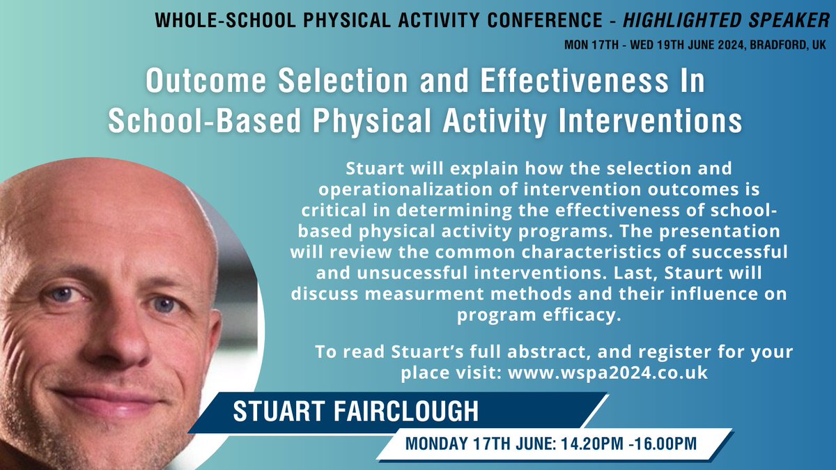 Very much looking forward to sharing some thoughts on school-based physical activity intervention outcomes at the #WSPA2024 Conference in June. It will be a superb 3 days of learning! Book tickets: wspa2024.co.uk early bird deadline 29th March 5pm (GMT)