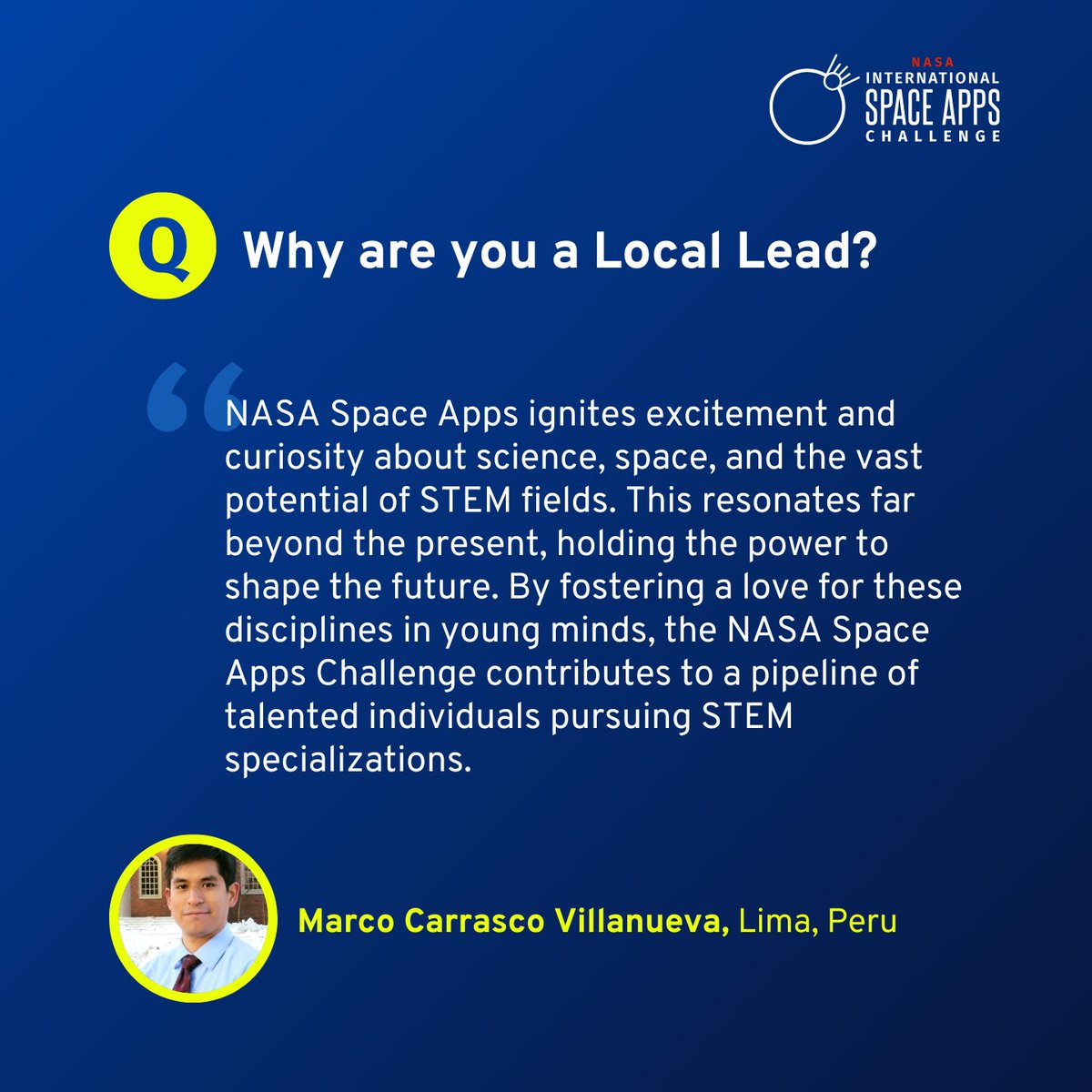 SpaceApps's tweet photo. Meet Marco Carrasco Villanueva, a trailblazing leader from Lima, Peru! As a @NASA #SpaceApps Challenge Global Winner turned Local Lead, Marco has organized some of the largest Local Events worldwide.β¨
Join Marco and apply to be a #LocalLead today: https://t.co/InvBflOJD6 https://t.co/S1bLUQR2hr