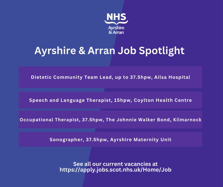 At NHS Ayrshire & Arran there are a range of exciting job opportunities available. Read more information and apply at the links below or see all our available vacancies at jobs.scot.nhs.uk