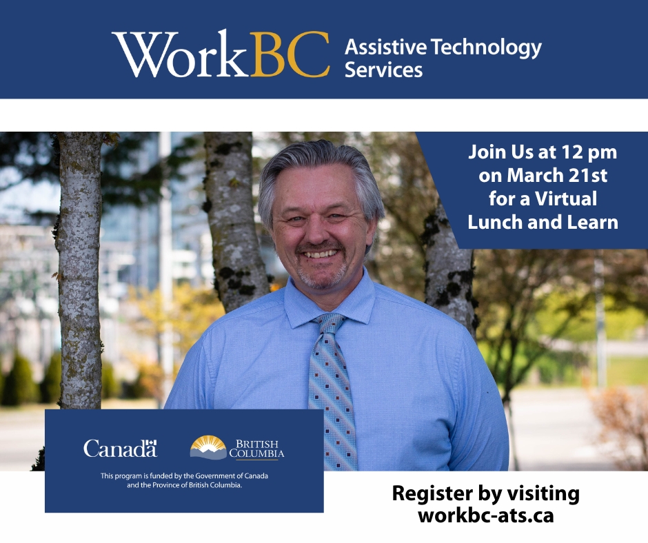 WorkBCATS's tweet photo. Join Nate this Thursday (March 21st) at 12 pm PDT for a virtual Lunch and Learn. Learn about assistive technology, ergonomics, and workplace accommodations for people with disabilities or chronic pain. Register: https://t.co/qHc89iW5uO
#WorkBCATS #Webinar #AssistiveTechnology https://t.co/QuCG5NCtlX