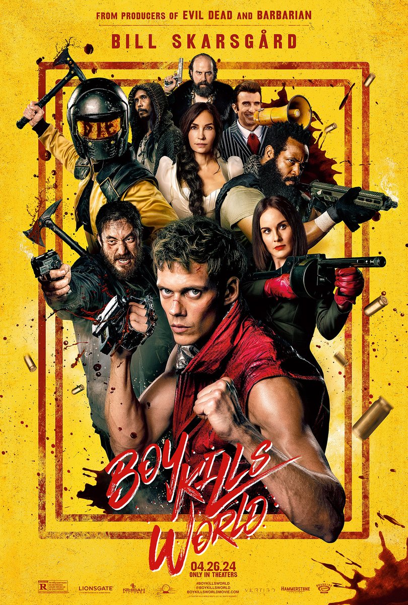 Fandango's tweet photo. Who needs a voice when you have fists and firearms? 
Bill Skarsgård, Michelle Dockery, Andrew Koji &amp; Jessica Rothe star in #BoyKillsWorld, with H. Jon Benjamin as our intrepid protagonist's inner monologue.
Only in theaters April 26 https://t.co/yT49KActZS