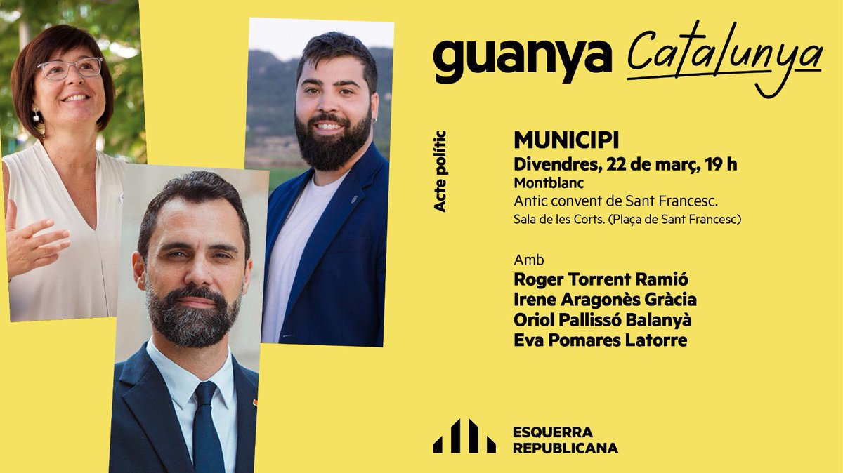 ERC_Montblanc's tweet photo. 💪Guanya Catalunya!

👉Aquest divendres t'expliquem que hem fet i quina és la proposta d'Esquerra Republicana!

📅 Divendres 22 de març
⌚ 7 de la tarda
📍 Claustre de l'església de Sant Francesc, Montblanc

Us hi esperem! https://t.co/SXPXFFmoke