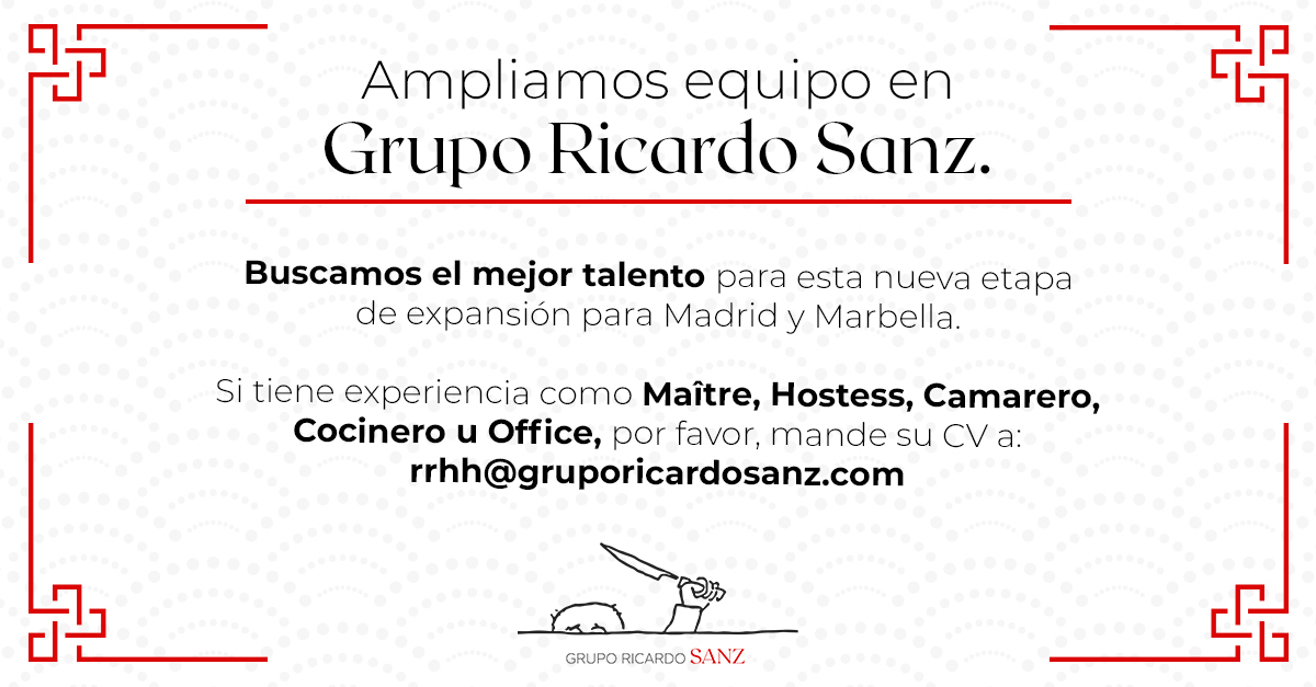 Buscamos el mejor talento para esta nueva etapa de expansión para Madrid y Marbella. 

Si tiene experiencia como Maître, Hostess, Camarero, Cocinero u Office, por favor, mande su CV a:
rrhh@gruporicardosanz.com

#nuevaetapa #gastronomia #talento #buscamostalento #gruporicardosanz